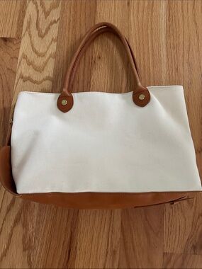 Brooks Brothers Classic White Canvas Tote with Tan Leather Trim